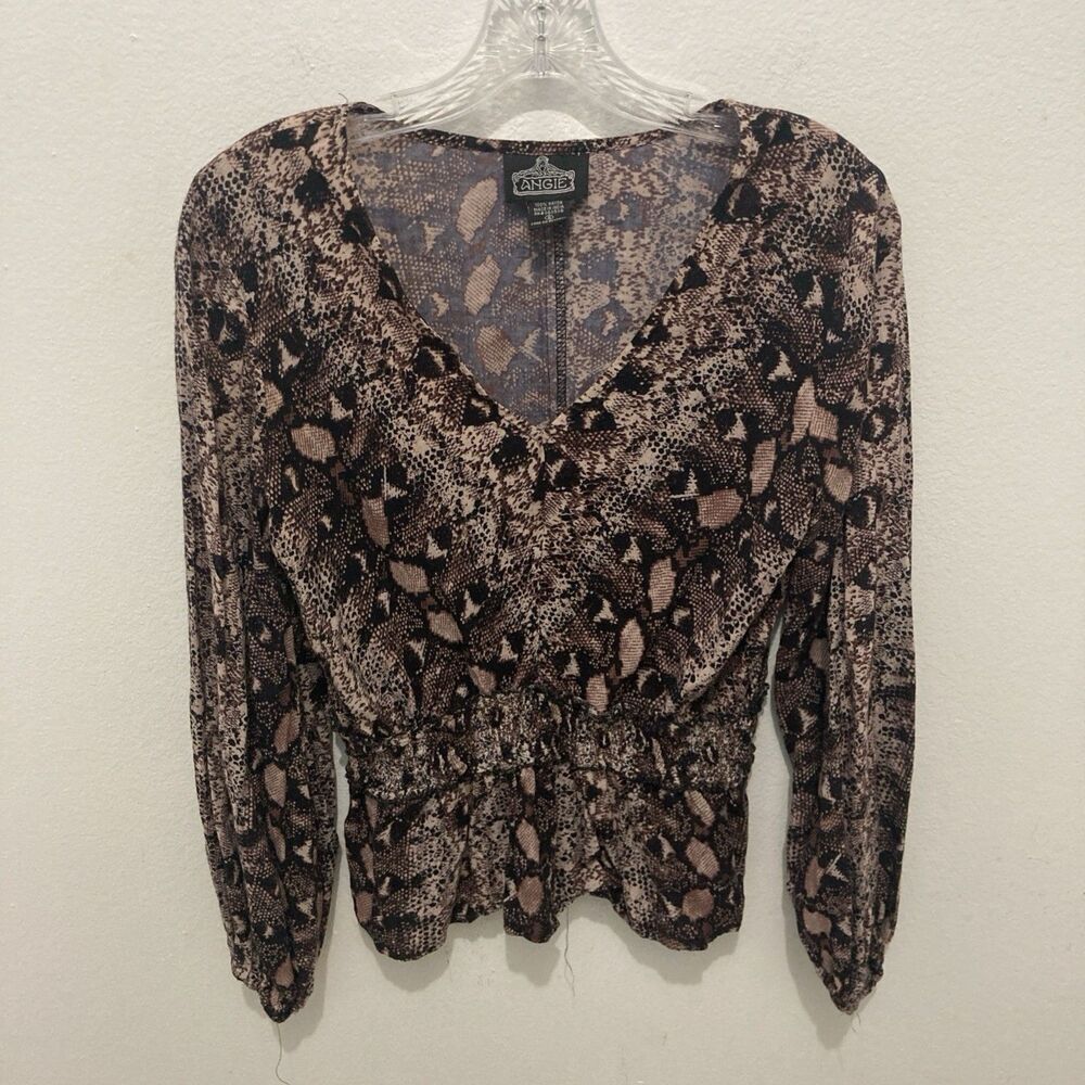 ANGIE white brown snake skin print V-neck smocked waist long sleeve top S